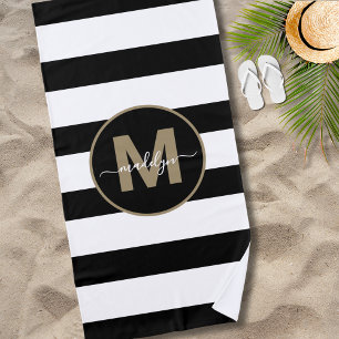 Serviette De Plage Rayures noires et blanches Élégant monogramme nom