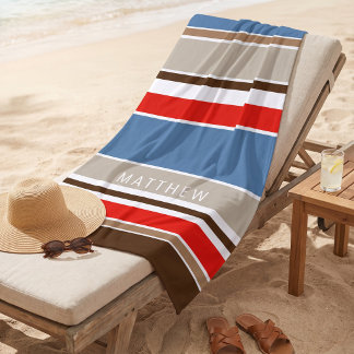 Serviette De Plage Rayures personnalisées bleu marine foncé marron ro