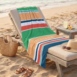Serviette De Plage Rayures personnalisées bleu sarcelle foncé vert or