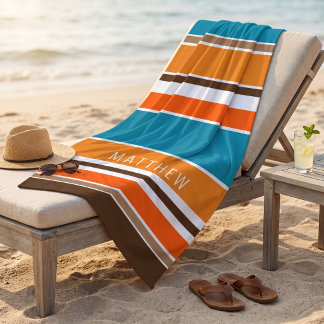Serviette De Plage Rayures personnalisées bleu sarcelle jaune ocre or