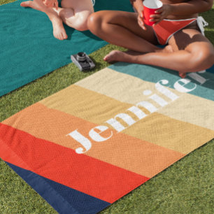 Serviette De Plage Rayures rétro des années 70 Nom personnalisé