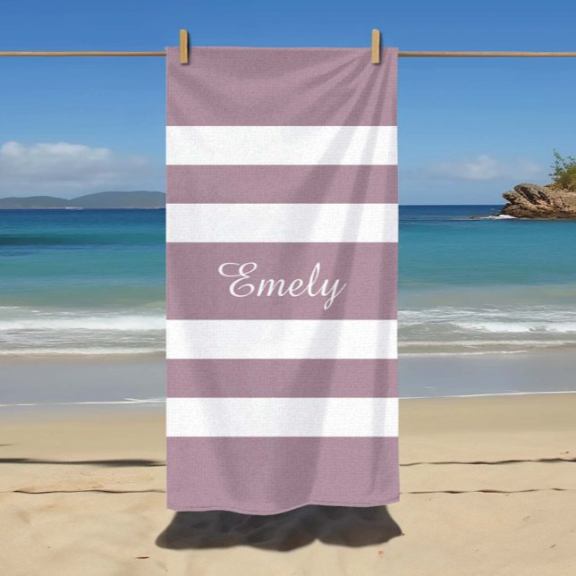 Serviette De Plage Rayures violettes modernes (Custom Name Modern Purple Stripes Beach Towel.)