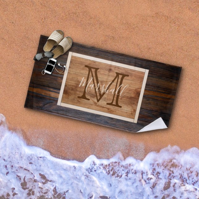 Serviette De Plage Rectangle de monogramme en bois rustique (Créateur téléchargé)