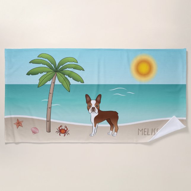 Serviette De Plage Red Boston Terrier À Une Plage Tropicale D'Été - (Devant)