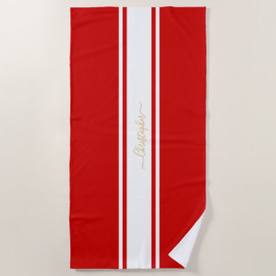 Serviette De Plage Red White Racing Stripes Gold Monogrammed Pool