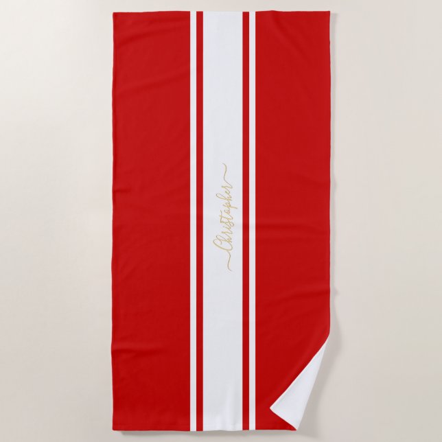 Serviette De Plage Red White Racing Stripes Gold Monogrammed Pool (Devant)