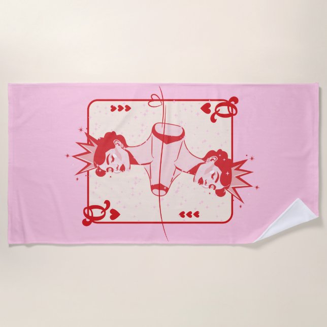 Serviette De Plage Reine des Coeurs rouge et rose (Devant)