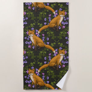 Serviette De Plage Renard, fleurs et lierre, vert, orange et viole
