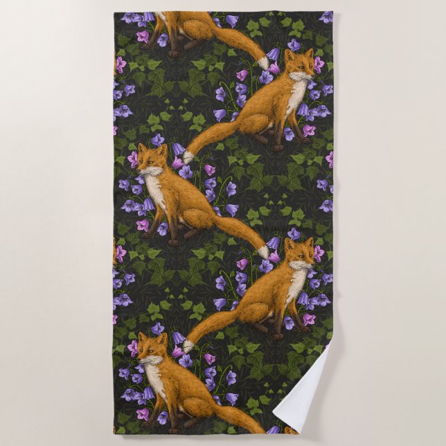 Serviette De Plage Renard, fleurs et lierre, vert, orange et viole (Devant)