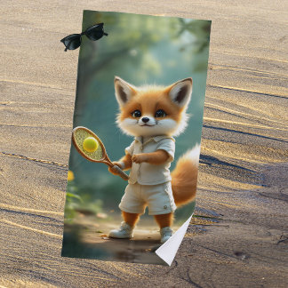 Serviette De Plage Renard mignon jouant au tennis dans une forêt ench