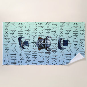 Serviette De Plage Repeating Viking Ships and Helmet Design over Rune