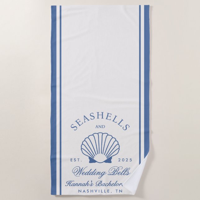 Serviette De Plage Retro Bleu Coquillages & Cloches de Mariage Enterr (Devant)