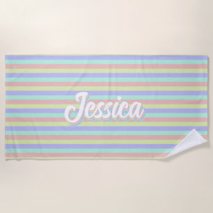 Serviette De Plage Retro Pastel Stripes Nom personnalisé