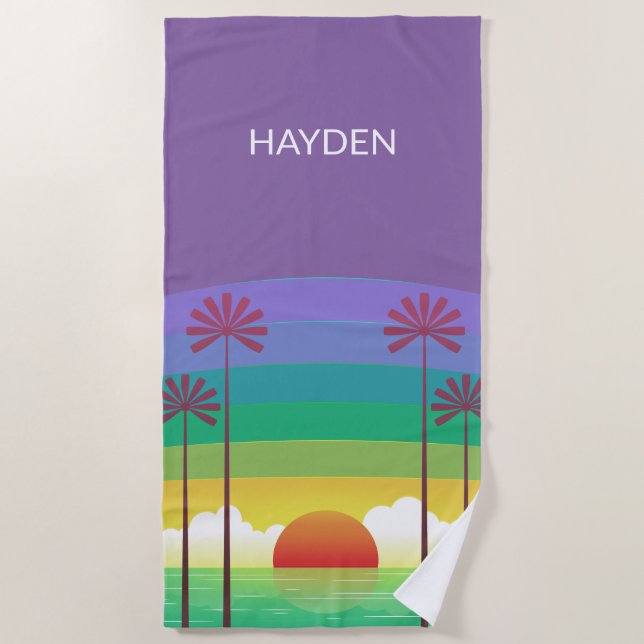 Serviette De Plage Retro Purple Sunset Palm Trees Art Personalised (Devant)