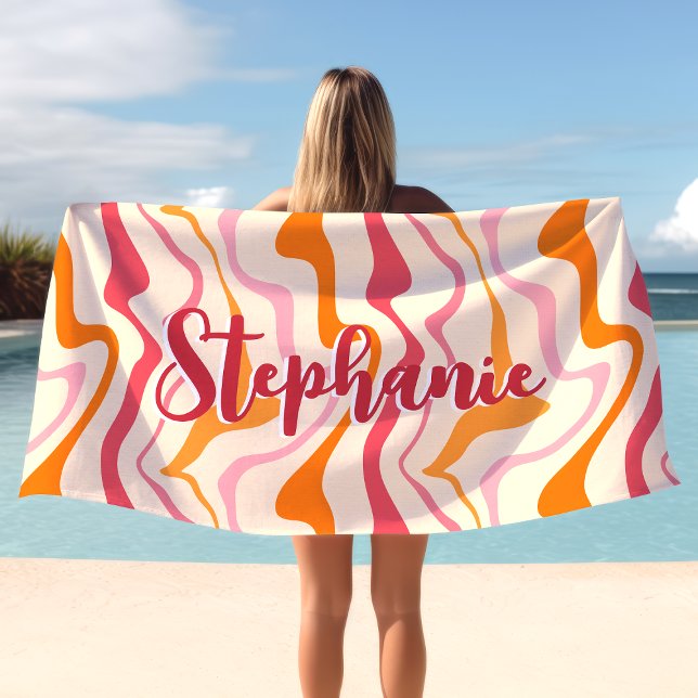 Serviette De Plage Retro Swirl Abstrait Wave Pink Orange Nom personna (Créateur téléchargé)