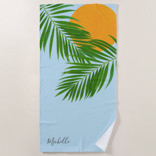 Serviette De Plage Retro Tropical Sun Palm Feuille Blue Minimal Nom