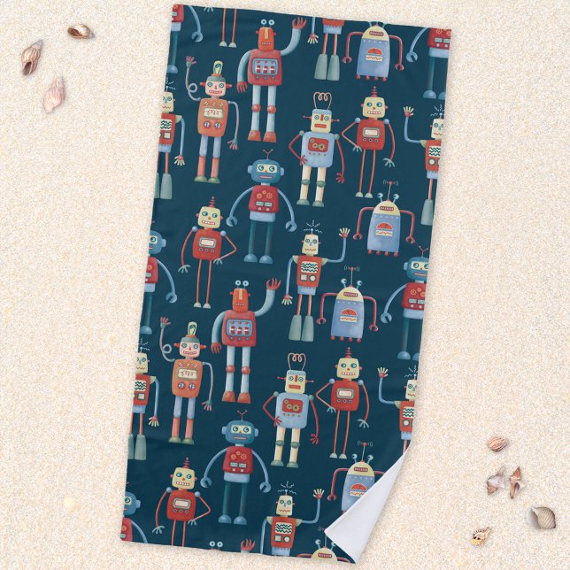 Serviette De Plage Robots de style rétro des années 1950 (Retro robots fun beach towel)