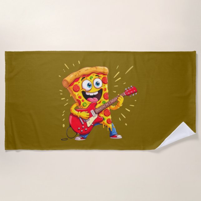 Serviette De Plage **Rock ’n’ Roll Pizza – Funny Guitar-Playing Slice (Devant)