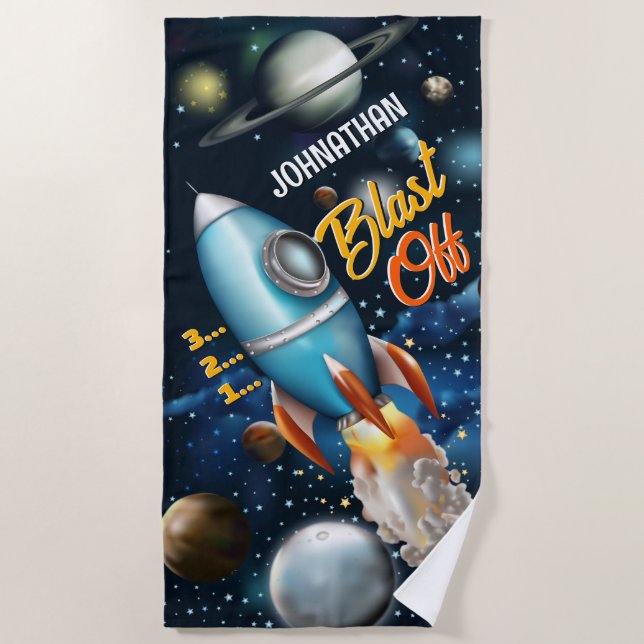 Serviette De Plage Rocketship Space Adventure Personnalisez (Devant)