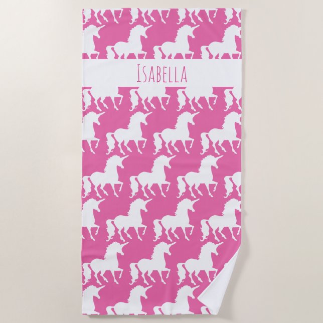Serviette De Plage Rose blanc de motif de silhouette de licorne (Devant)