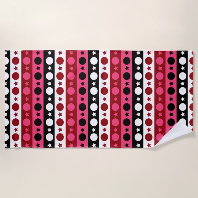 Serviette De Plage Rose noir blanc Cercle Étoiles rayures Design (Devant)