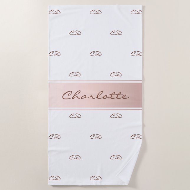 Serviette De Plage Rose or blanc monogramme moderne élégant nom (Devant)