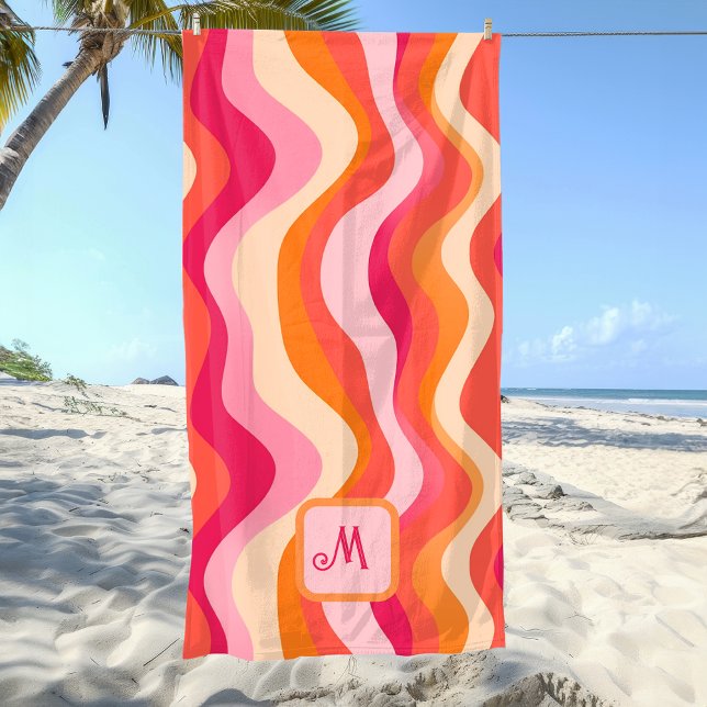 Serviette De Plage Rose Super rétro esthétique - Monogramme (Personalized Retro Sunset Waves – Pink Orange Beach Towel)