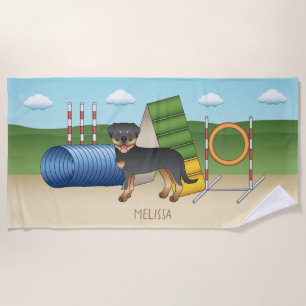 Serviette De Plage Rottweiler noir et feu avec équipement d'agilité
