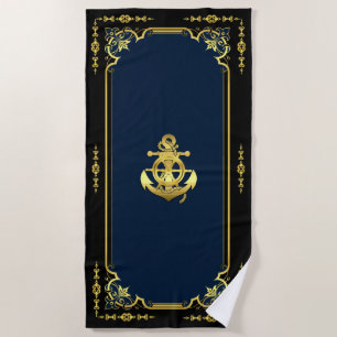 Serviette De Plage Roue/ancre marine bleu/or du navire nautique