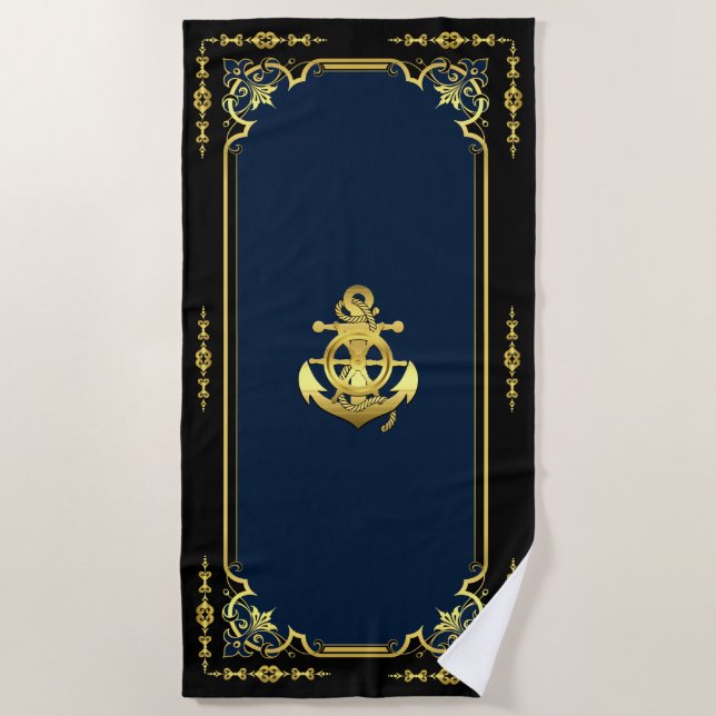 Serviette De Plage Roue/ancre marine bleu/or du navire nautique  (Devant)