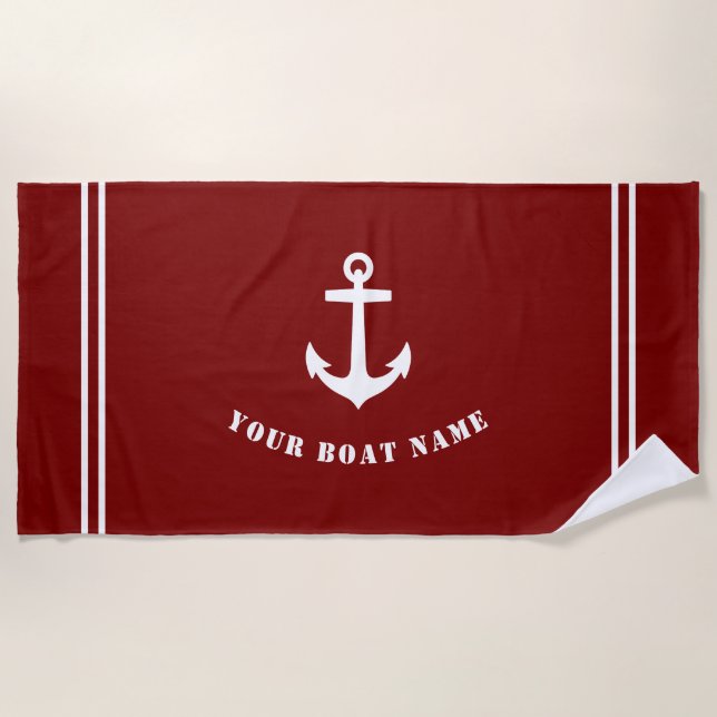 Serviette De Plage Rouge Ancre marine classique avec nom de bateau (Devant)