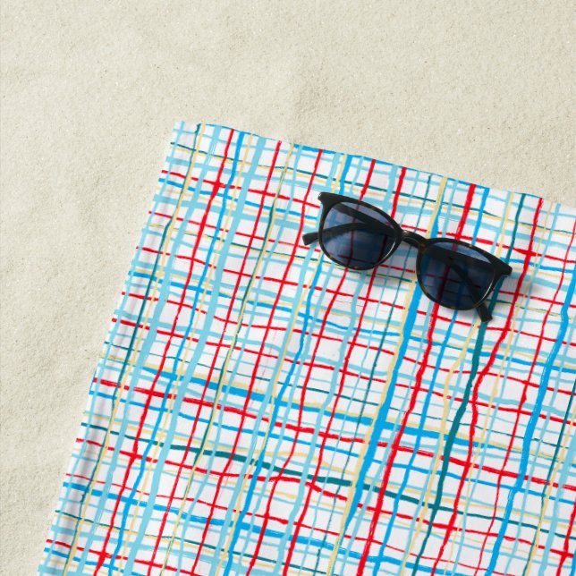 Serviette De Plage Rouge Aqua Turquoise Jaune Raigne Lignes Plaid (En situation)