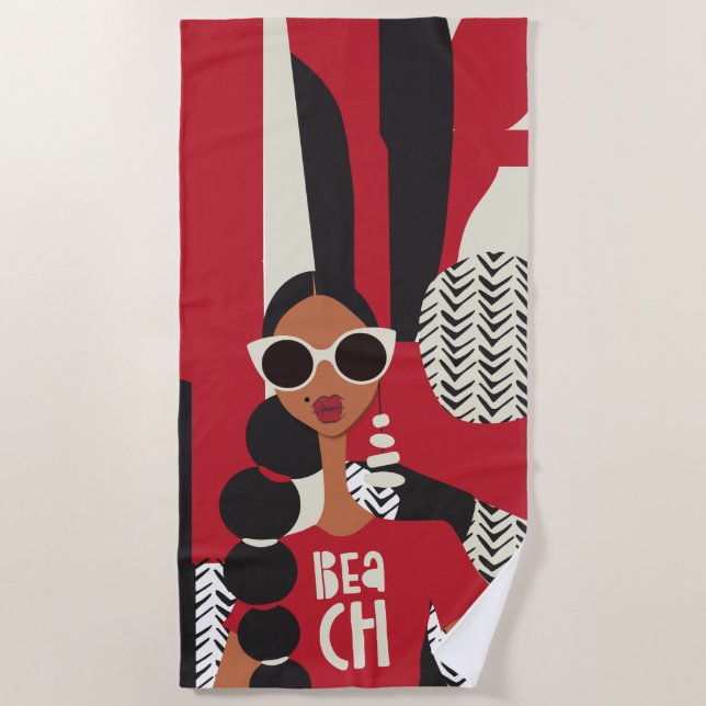 Serviette de plage rouge, blanche et noire (Devant)