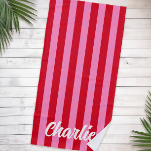 Serviette De Plage Rouge rose gras rayures personnalisées nom rétro