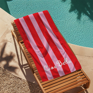 Serviette De Plage Rouges Clair et Rayures Roses Ciao Bella
