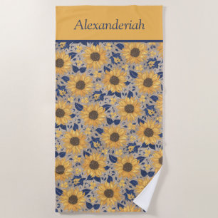 Serviette De Plage Russe Navy Blue Golden Yellow Sunflower Nom Bea
