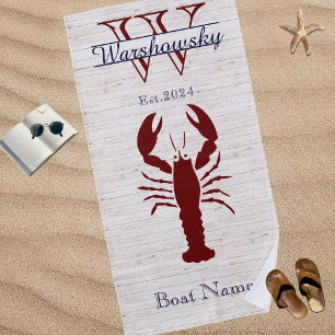 Serviette De Plage Rustic White Wood Nautical Navy Blue Rust Lobster 
