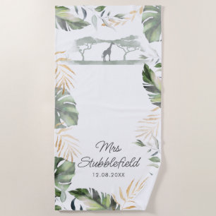 Serviette De Plage Safari Feuilles de Palmier Jeunes Mariés Script Mm