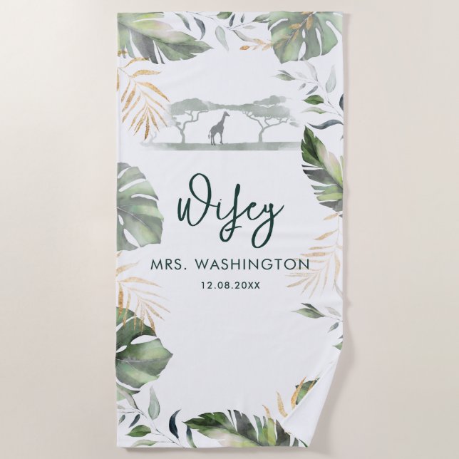 Serviette De Plage Safari Palm Feuilles Tropical Wifey Script Lune de (Devant)