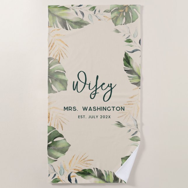 Serviette De Plage Safari Palm Feuilles Tropical Wifey Script Lune de (Devant)