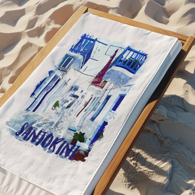 Serviette De Plage Santorin Voyage bleu et blanc (Minimalist Santorini Blue and White Travel Beach Towel)