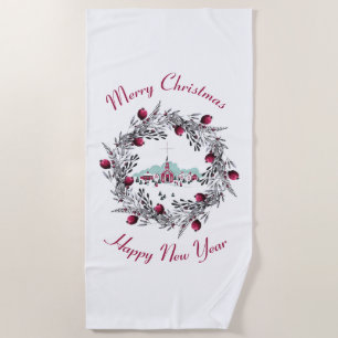 Serviette De Plage Scène de l'église vintage d'hiver avec couronne de