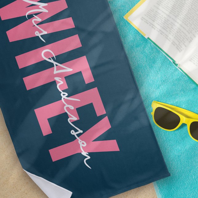 Serviette De Plage Script de monogramme rose bleu vif (Créateur téléchargé)