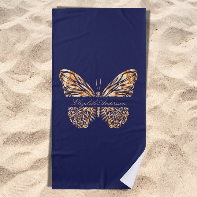 Serviette De Plage Script de nom de papillon bleu marine (Créateur téléchargé)