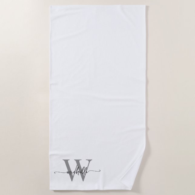 Serviette De Plage Script élégant Moderne Blanc Gris Monogramme Nom (Devant)