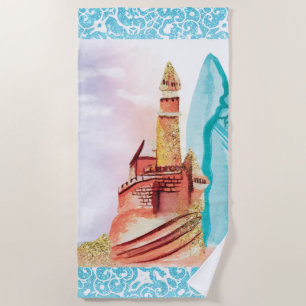 Serviette De Plage *~* Sea Beach Surf Board Sand Castle Beach Towne