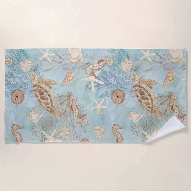 Serviette De Plage Sea Turtle Beach Ocean Seahorse Coques Starfish (Devant)