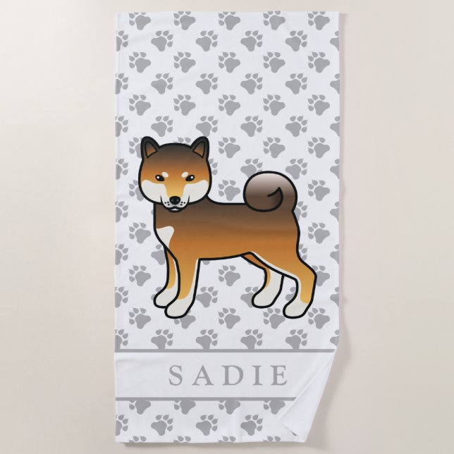 Serviette De Plage Sesame rouge Shiba Inu Dessin & Nom (Devant)