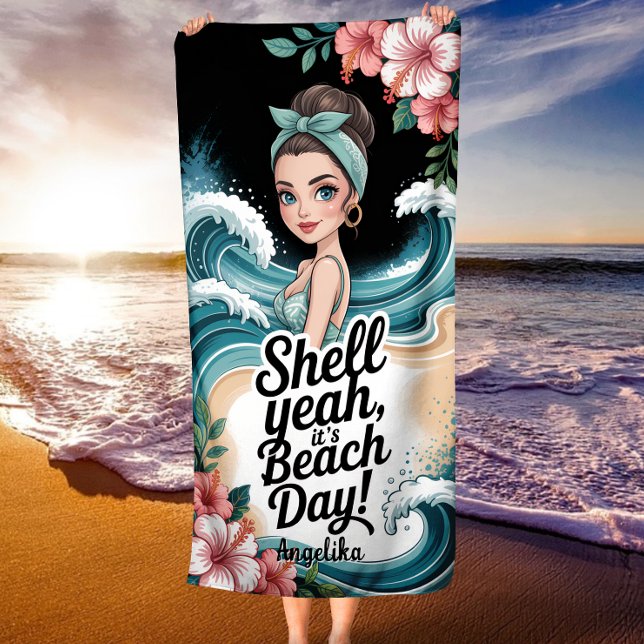 Serviette De Plage Shell Yeah It’s Beach Day Blue Ocean Wave (Créateur téléchargé)