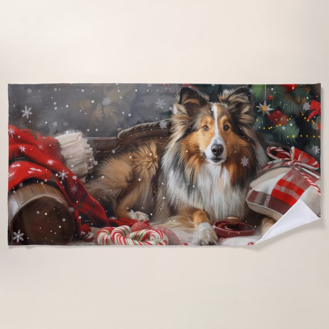 Serviette De Plage Shetland Sheepdog Festif de Noël (Devant)